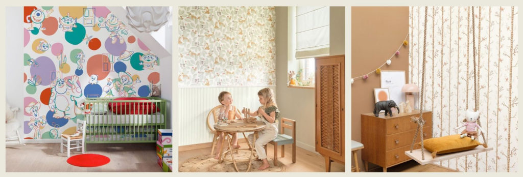 Une mosaïque de 3 photos montrant des inspirations de papier peint pour une décoration de chambre d'enfant