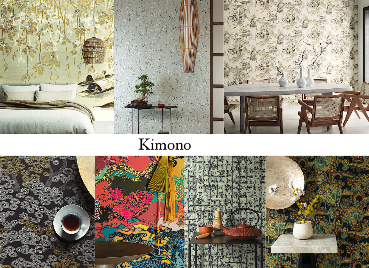 Mosaïque de photos de la collection de papiers peints Masureel appelé Kimono