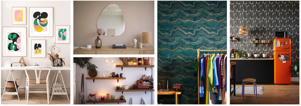 Décoration murale, avec tableau, miroir, étagères et papiers peints