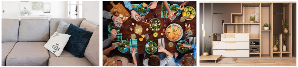 image de canapé lit, grande table extensible et rangements sous escalier